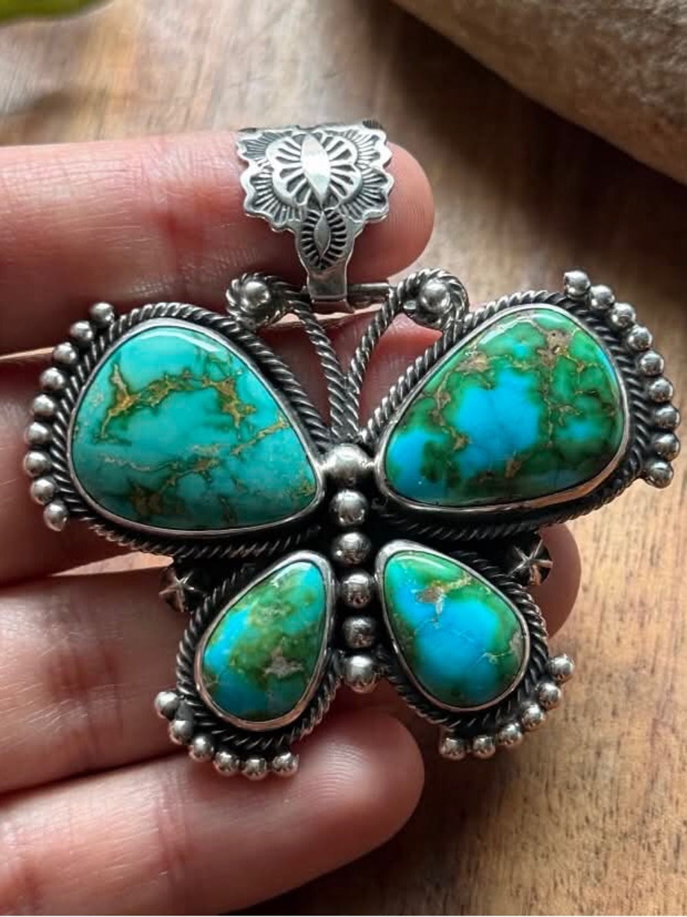 Navajo Sterling Silver Sonoran Gold Turquoise Butterfly Pendant Geneva